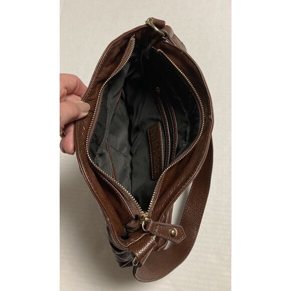 Womens Shoulder Bag Purse Nyla Noor Faux Pebbled Leather Patchwork Tassel Brown - Picture 7 of 13